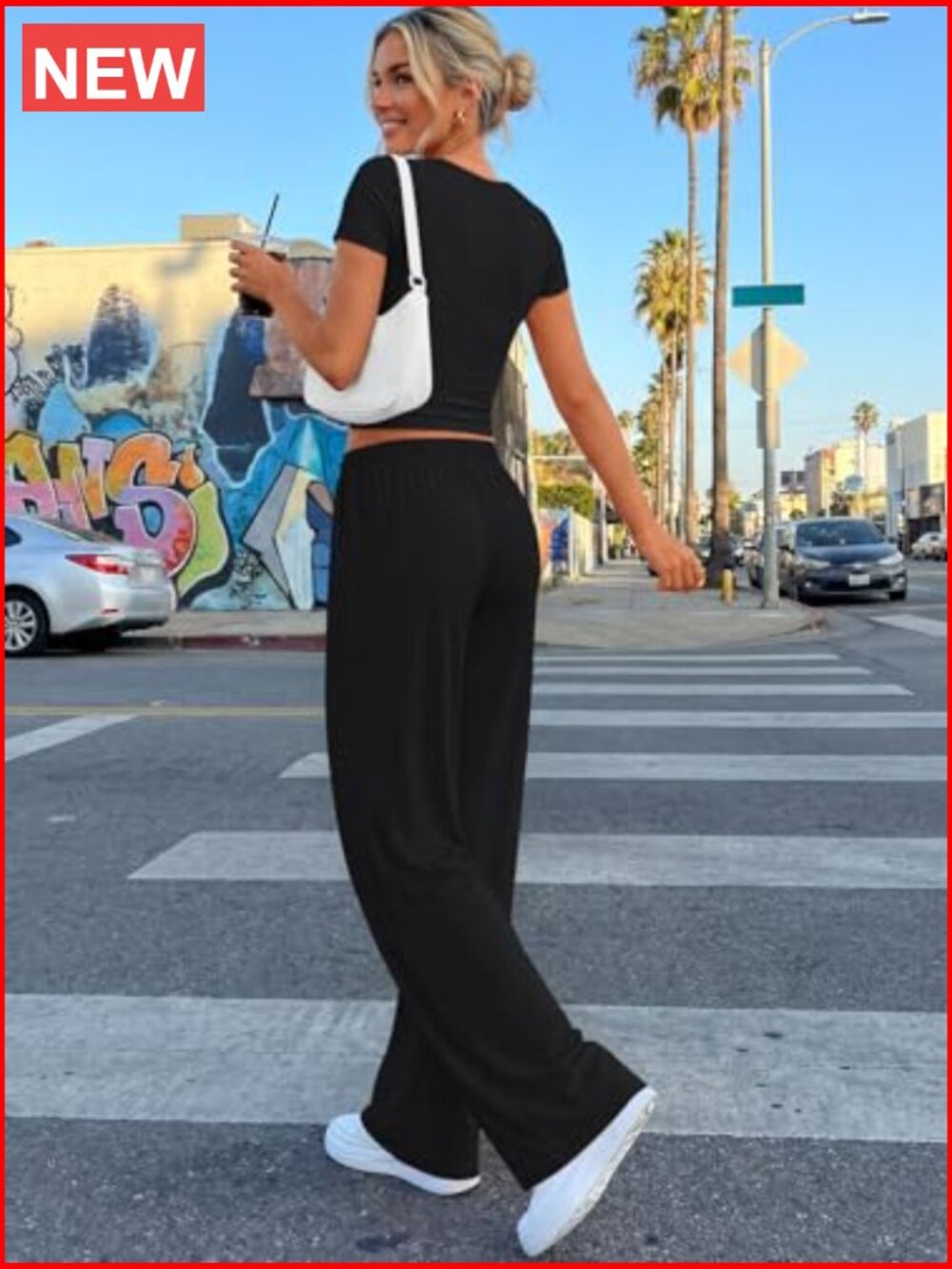 2 Piece Lounge Set with Side Ruching Top and Wide Leg Pants with Pockets - Picture 4 of 7